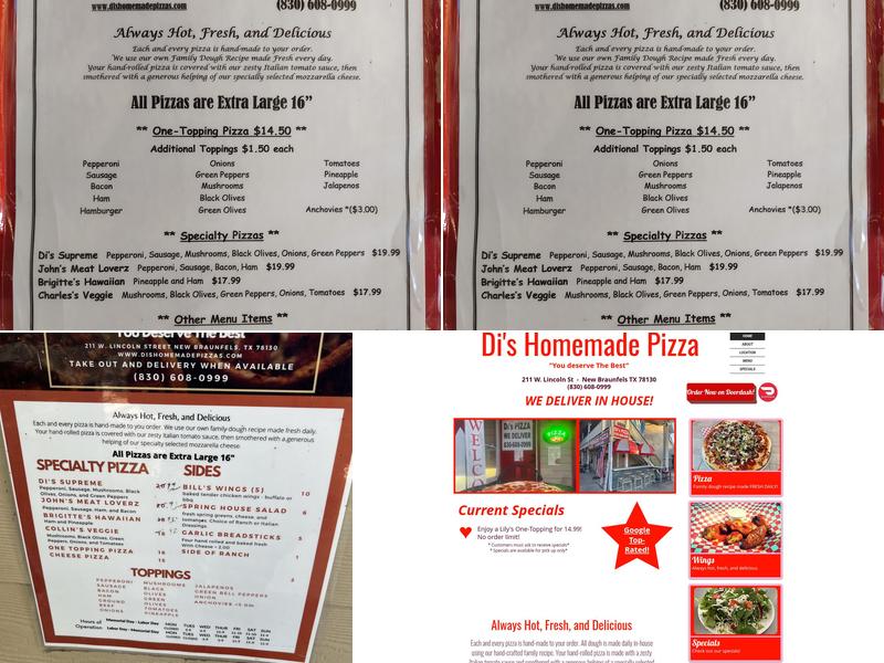Di's Homemade Pizza Menu