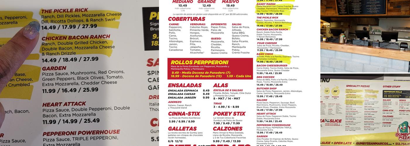 Gumby's Pizza Menu