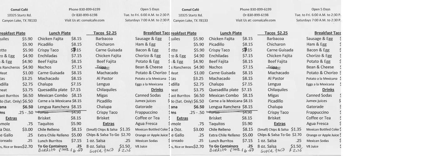 Comal Cafe Menu