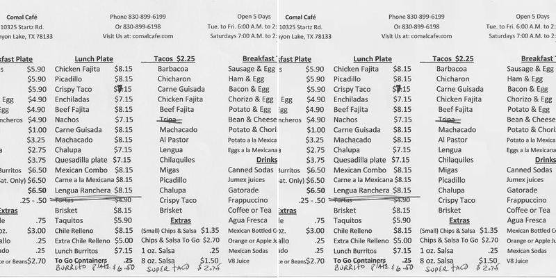 Comal Cafe Menu