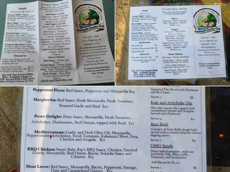Applegate Country Club Menu