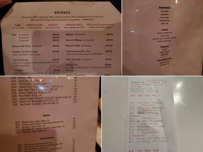 Myron's Prime Steakhouse Menu