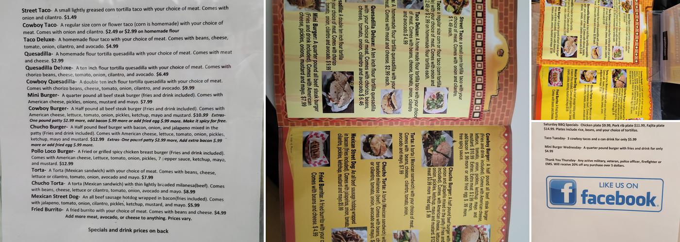 Cowboy Tacos and Burgers Menu
