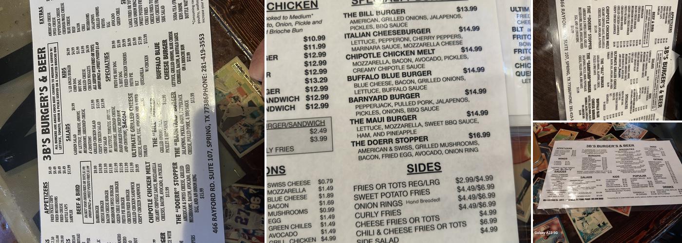3B's Burgers & Beer Menu