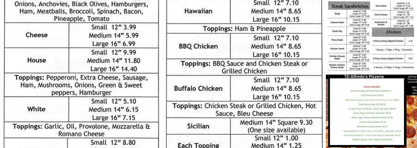 T.D. Alfredo's Pizzeria Menu