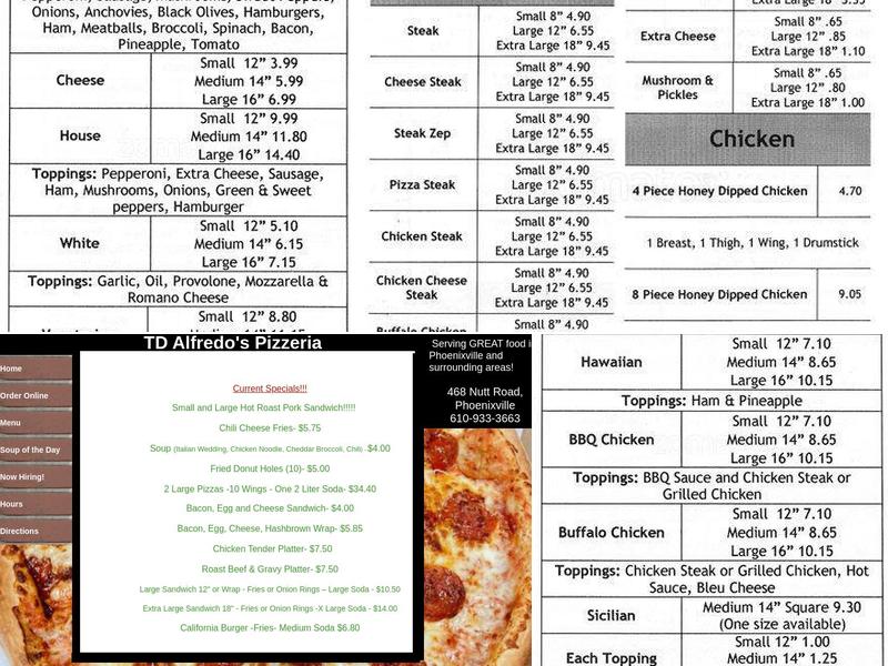 T.D. Alfredo's Pizzeria Menu