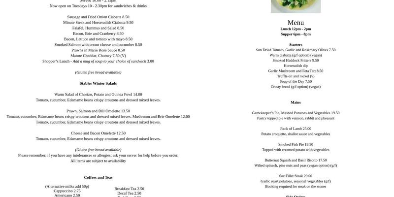 Stables Wine Bar & Restaurant Menu