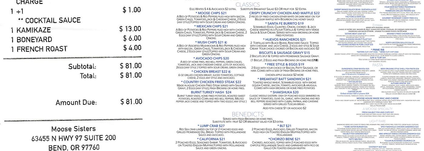 Moose Sisters Menu