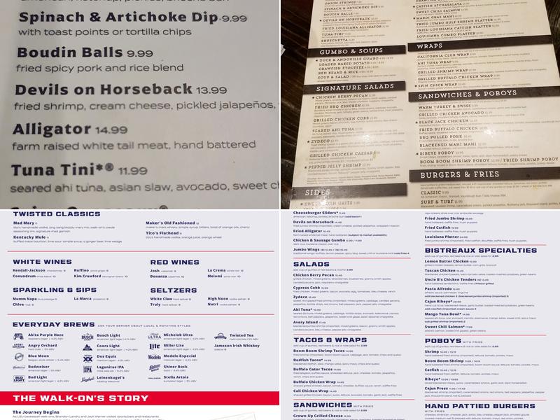 Walk-On's Sports Bistreaux - Houma Restaurant Menu