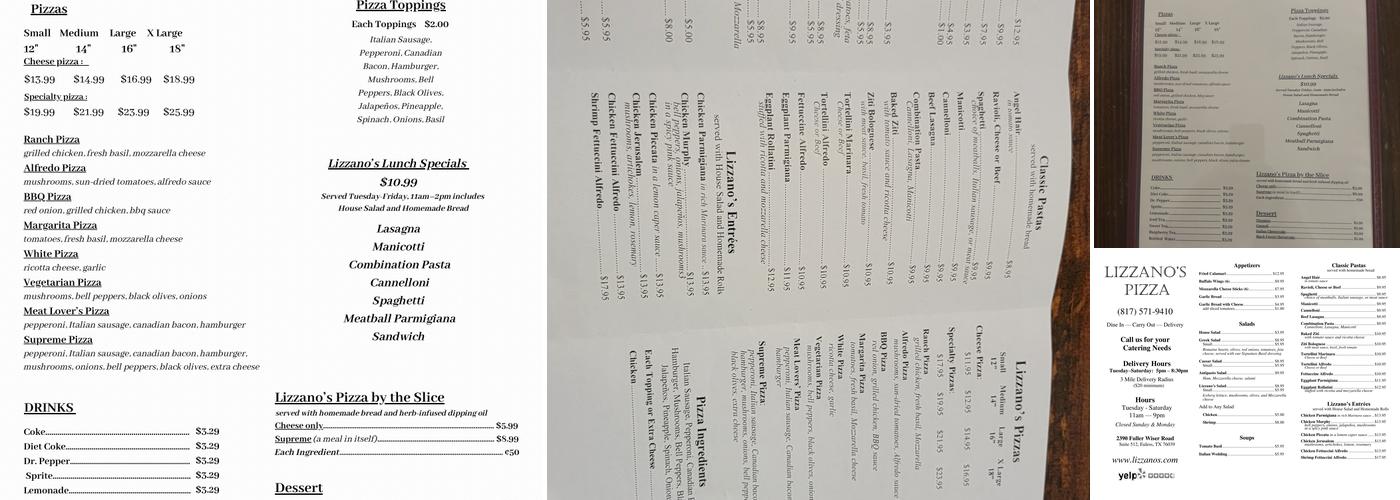 Lizzano's Pizza Menu