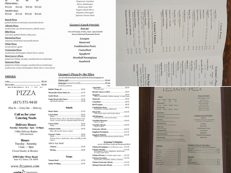 Lizzano's Pizza Menu