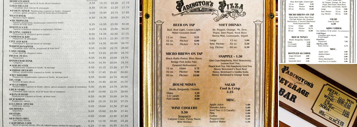 Padington's Pizza Menu