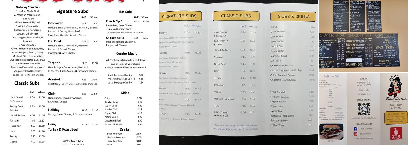 Keizer Sub Shop Menu