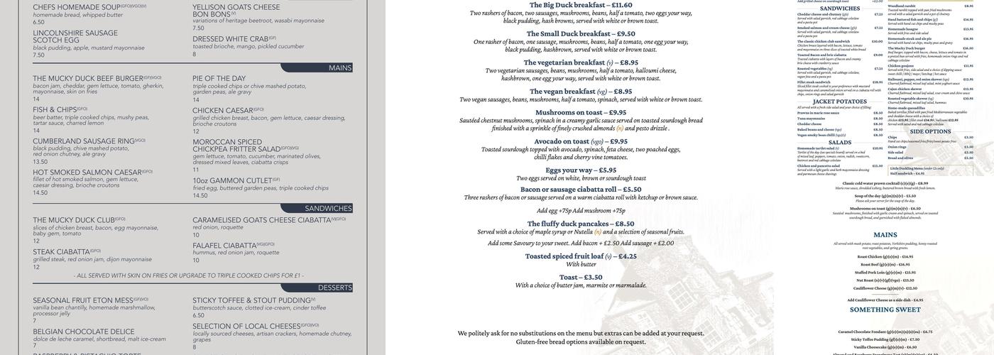 The Mucky Duck, Drakeholes Menu