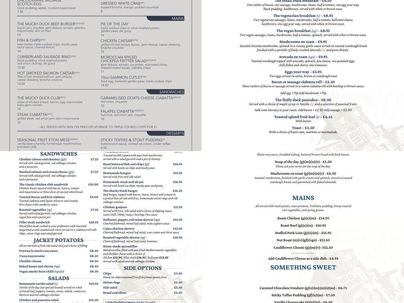 The Mucky Duck, Drakeholes Menu