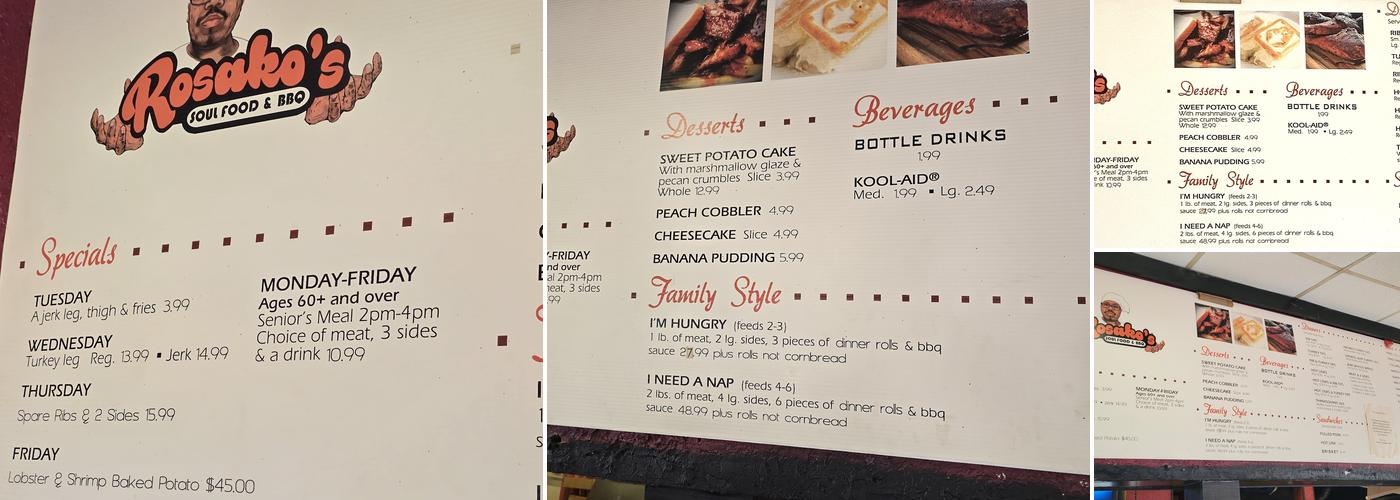 Rosako's Soulfood and BBQ Menu
