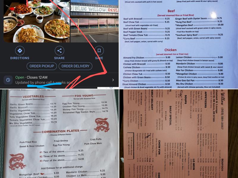 Blue Willow Restaurant Menu