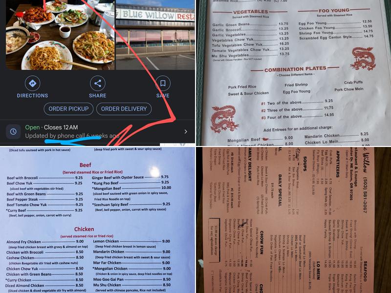 Blue Willow Restaurant Menu