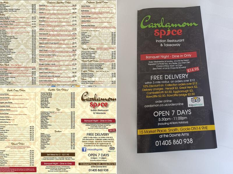 Cardamom Spice, Snaith, Goole Menu