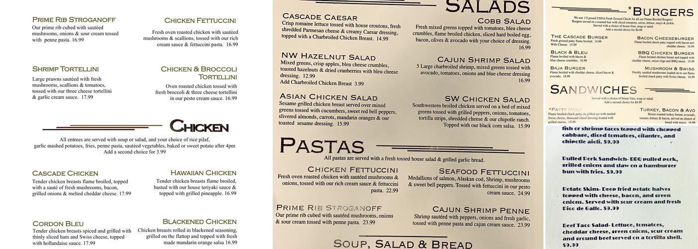 Cascade Grill Menu