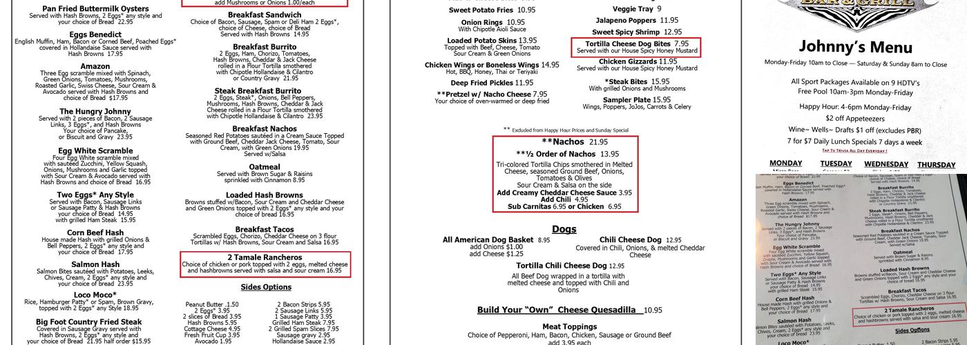 Johnny's Bar & Grill Menu
