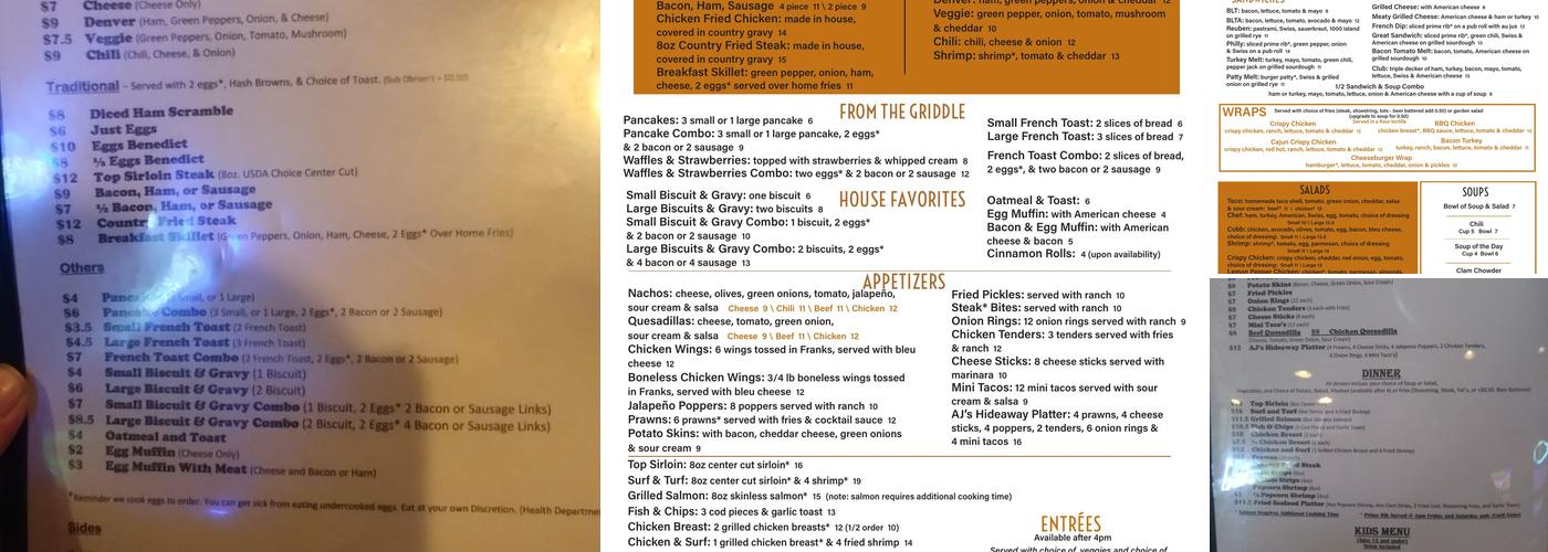 AJ's Hideaway Bar & Grill Menu