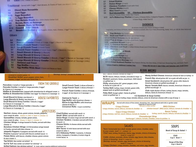 AJ's Hideaway Bar & Grill Menu
