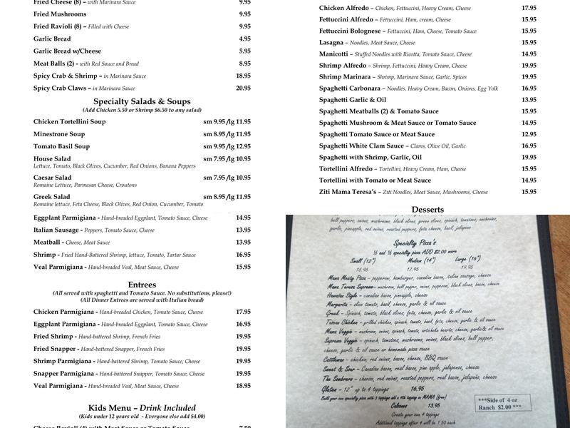 Mama Teresa's Flying Pizza Menu