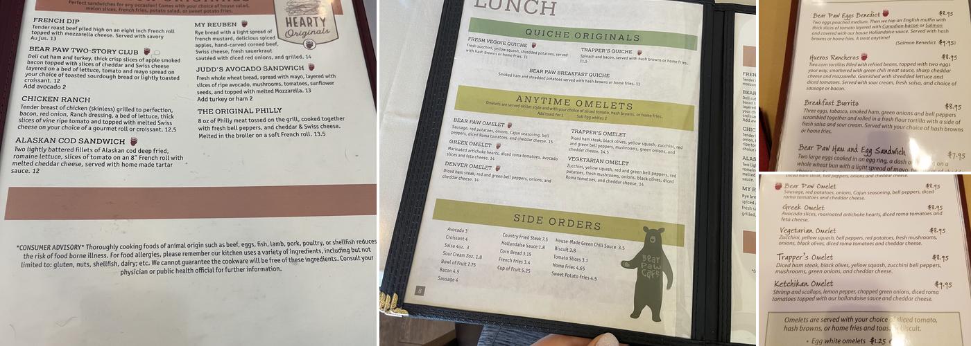 Bear Paw Cafe Menu