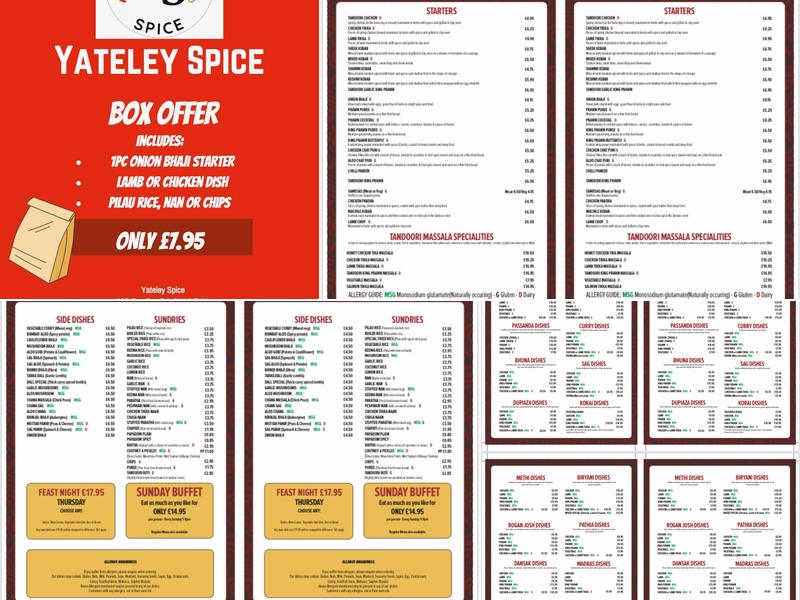 Yateley Spice Menu