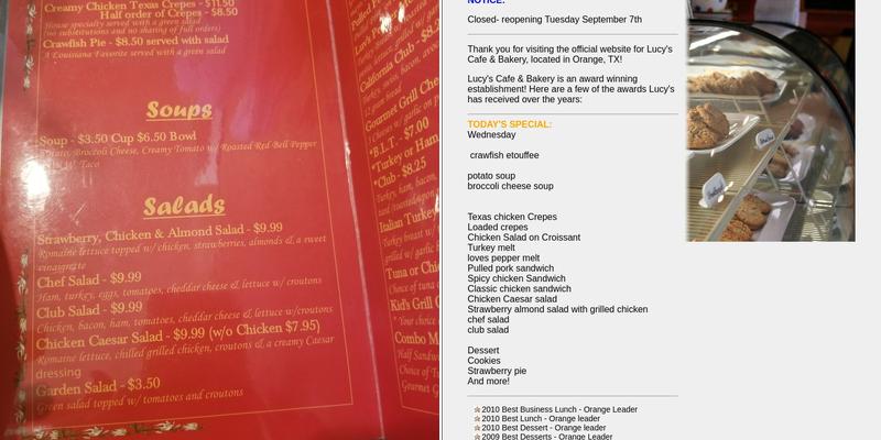 Lucy's Cafe & Bakery Menu