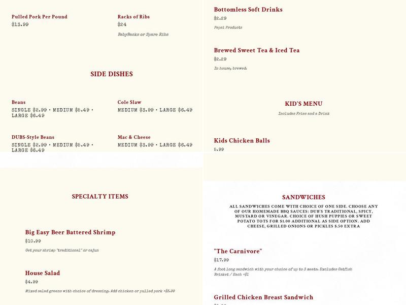 DUB's Barbeque & Catering Menu