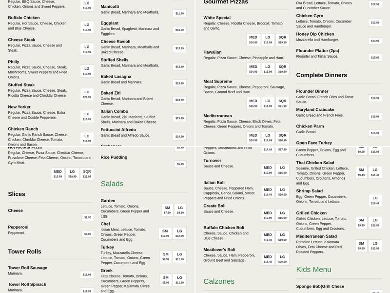 Pizza Tower II Menu