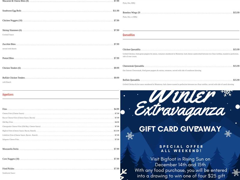 Bigfoots Steaks & Hoagies Menu