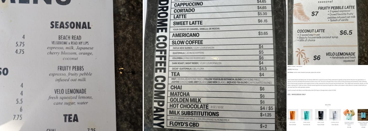 Velodrome Coffee Company Menu