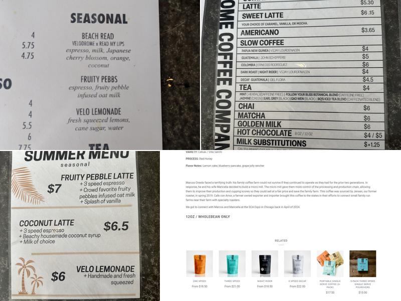 Velodrome Coffee Company Menu