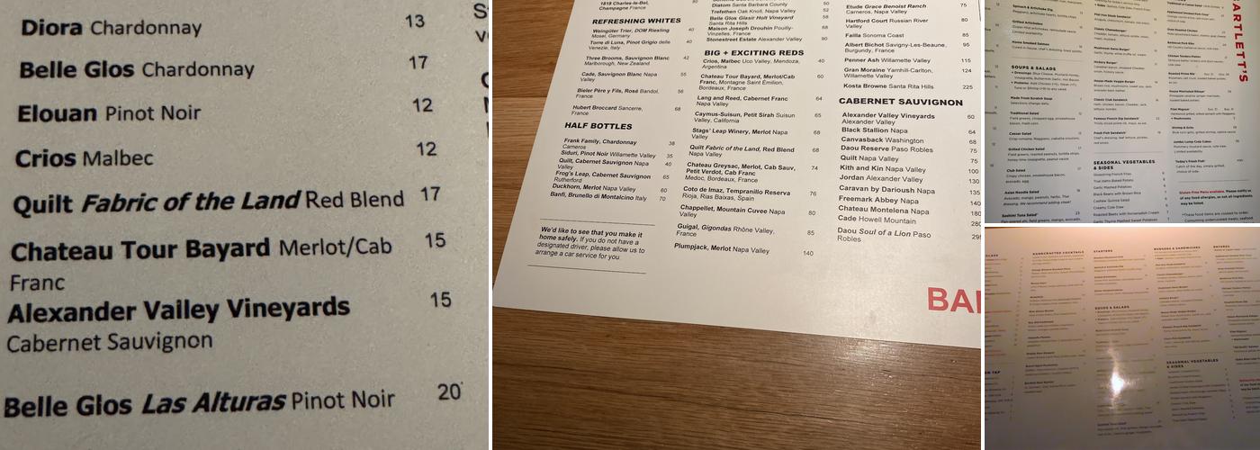 Bartlett's Menu