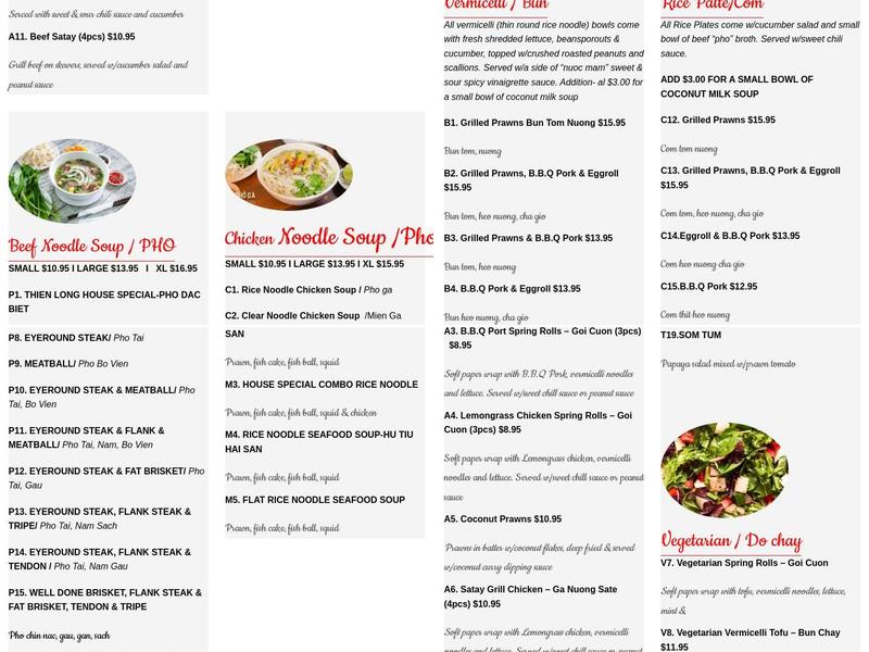 Pho Thiên Long Menu