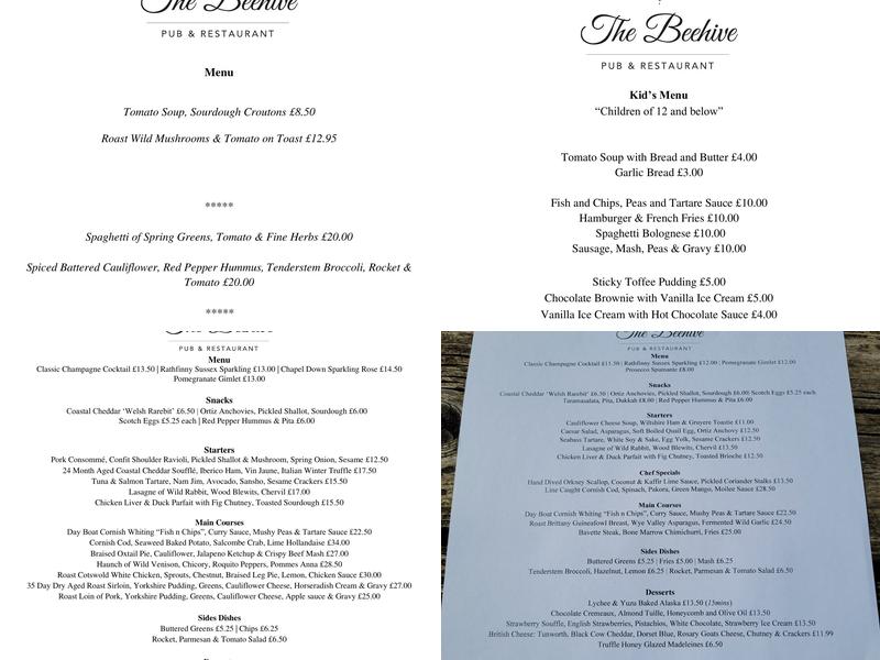 The Beehive Restaurant & Pub Menu