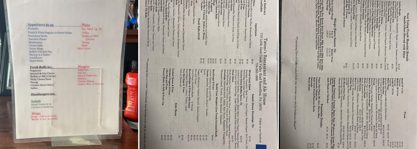 Tatoni's Restaurant And Ale House Menu