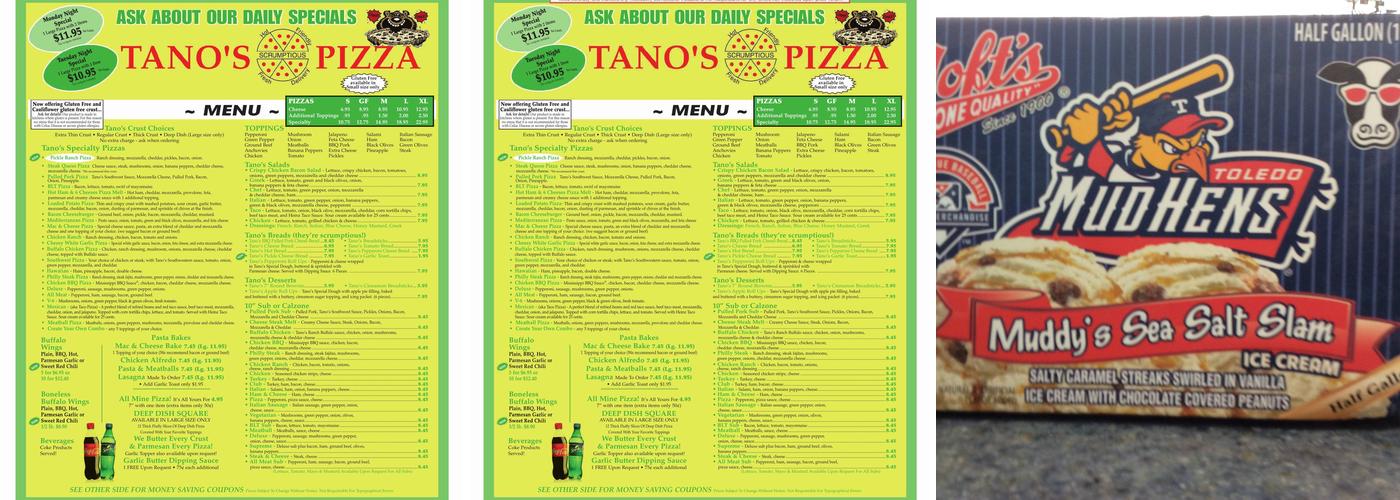 Tano's Pizza Menu