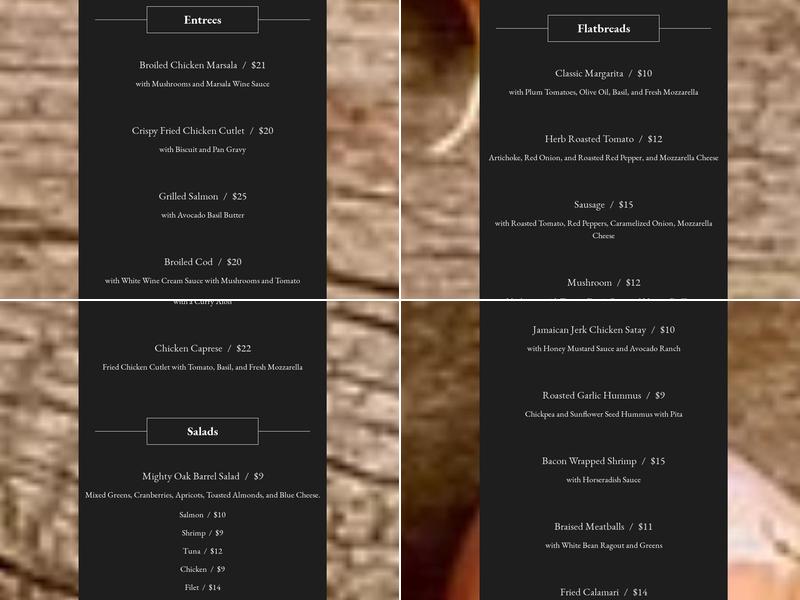 Mighty Oak Barrel Menu