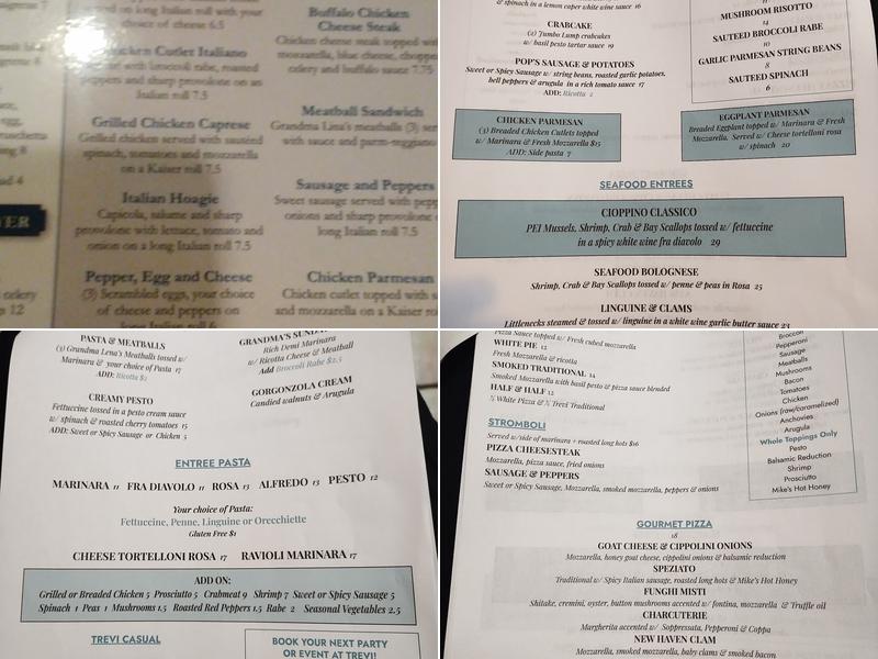 TreVi Pizza Pasta BYOB Menu