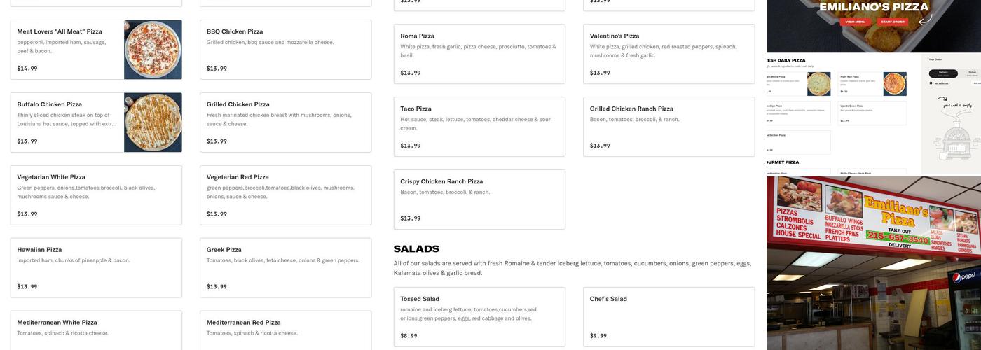 Emiliano's Pizza Menu