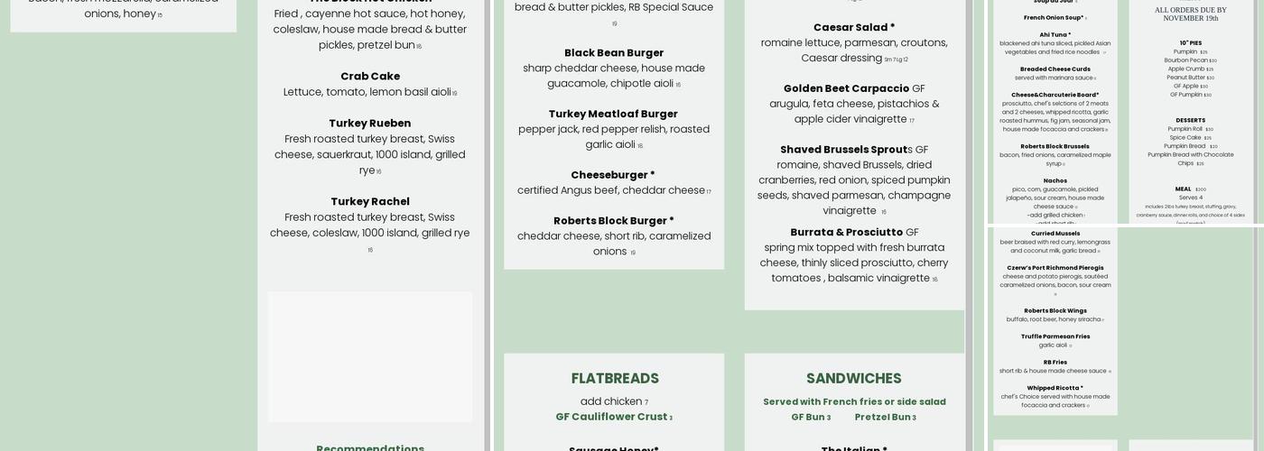 Roberts Block Restaurant Menu