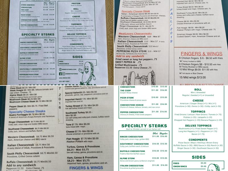 Barry's Steaks & Hoagies Menu