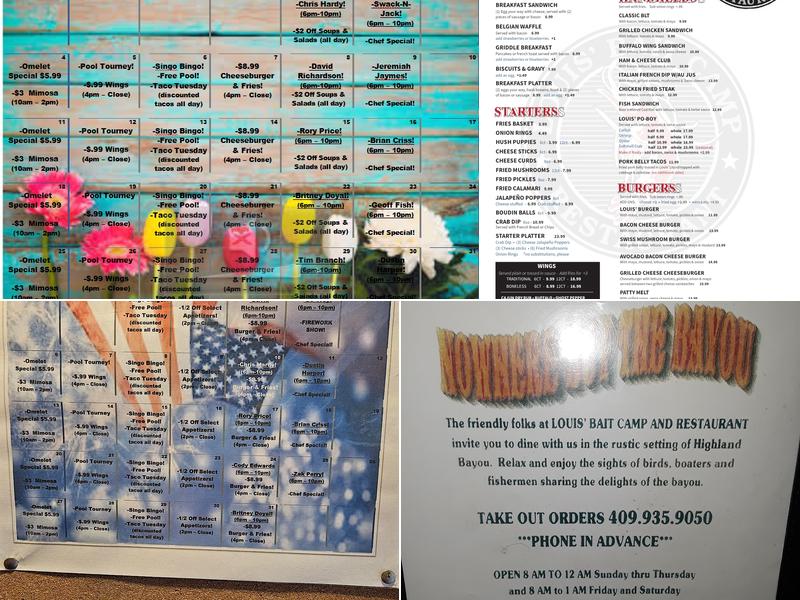 Louis' Bait Camp & Restaurant Inc. Menu