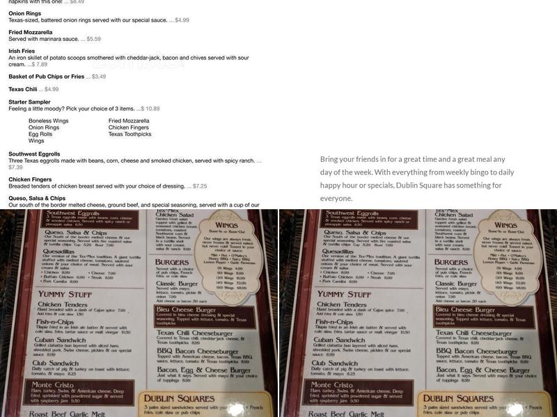 Dublin Square Menu