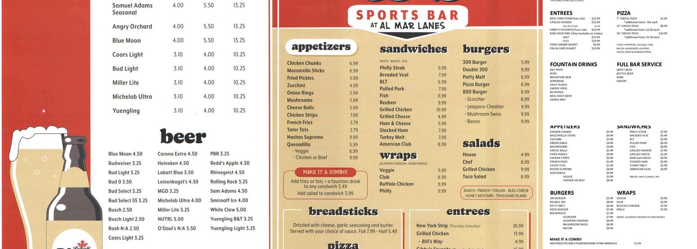 C J's Sports Bar & Grille Menu