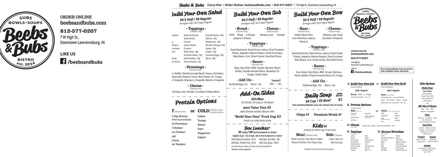 Beebs & Bubs Menu